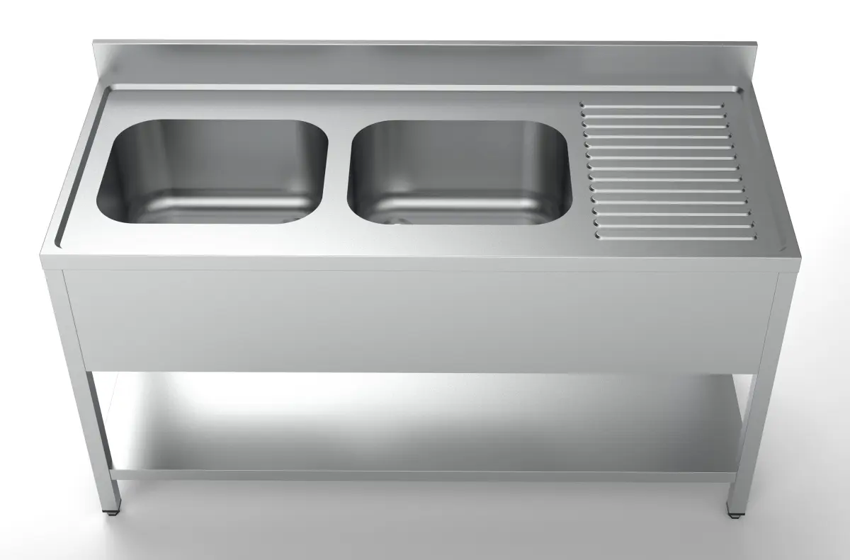 S/STEEL SINK 2 BOWL + RIGHT DRAIN + STAND + BOTTOM SHELF - 160X70CM