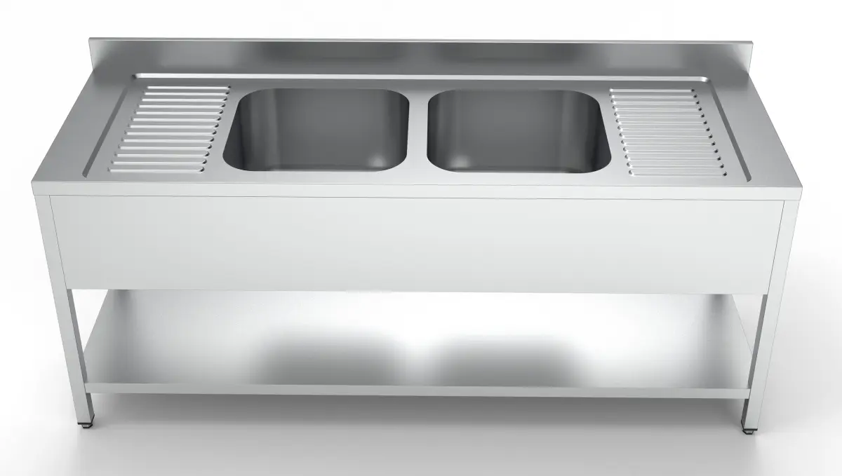 COMBISTEEL S/STEEL SINK 2 BOWL + 2 DRAIN + STAND + BOTTOM SHELF 200X70CM