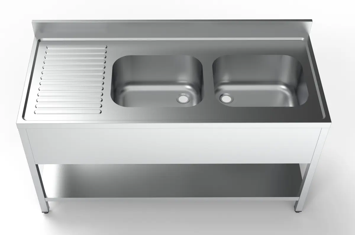 S/STEEL SINK 2 BOWL LEFT DRAIN + STAND + BOTTOM SHELF - 160X70CM
