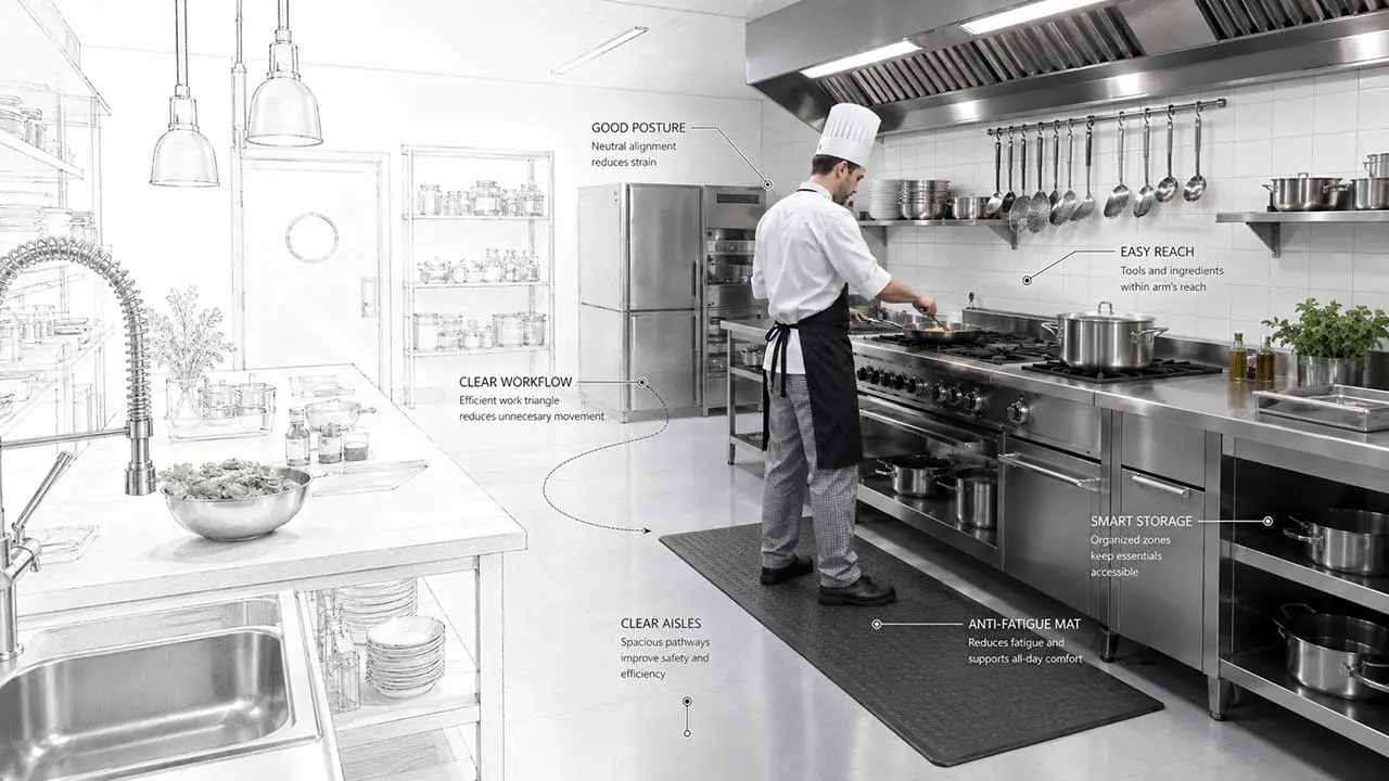 Commercial kitchen interior showing cooking line, extraction canopy, and refrigerated undercounter units positioned close to the cooking position